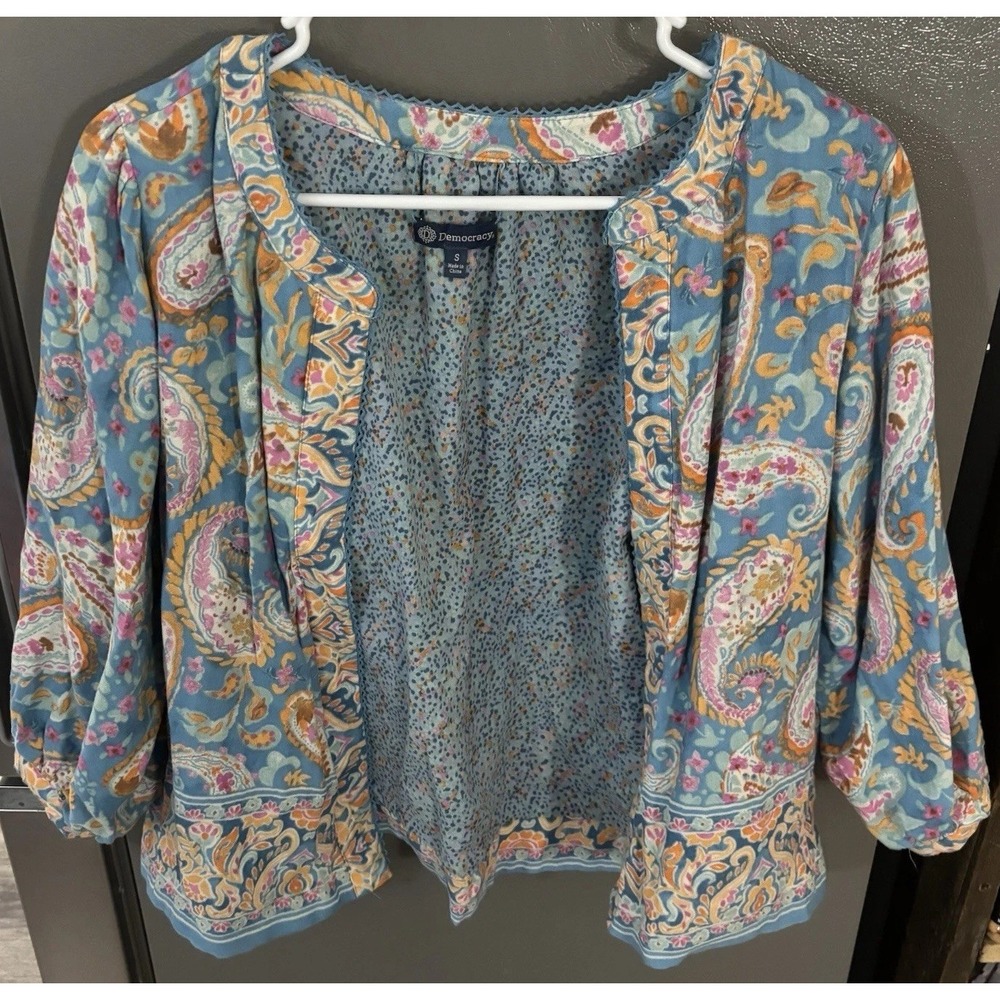Democracy Small  3/4 Sleeve Round Neck Reversible Woven Jacket Open Paisley Boho
